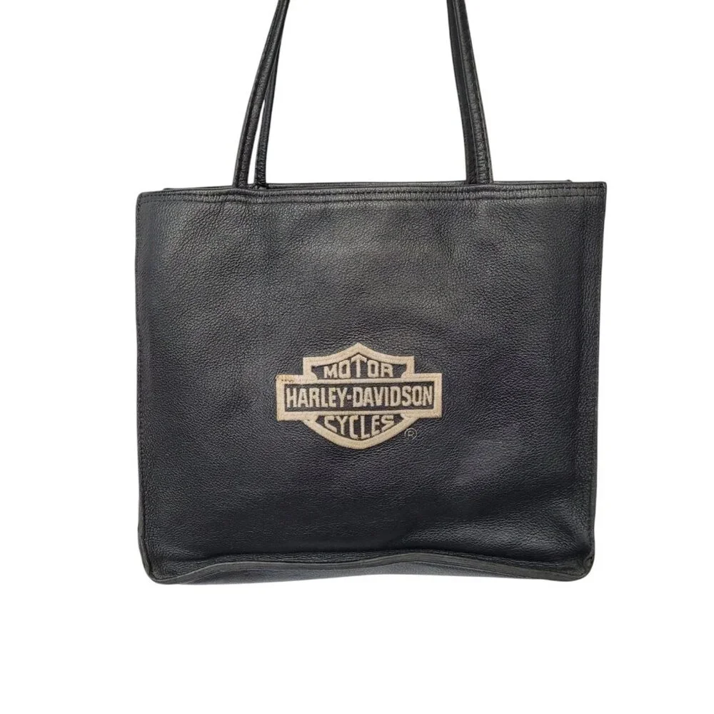 Vintage Harley Davidson Black Embroidered Logo Leather Shoulder Bag Purse Tote - Picture 1 of 16